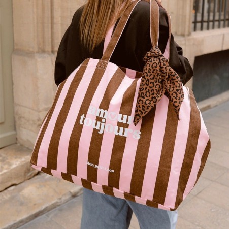 Cabas XXL - Rayures marrons et roses, Amour toujours