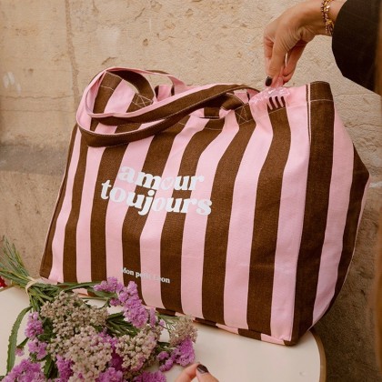 Cabas XXL - Rayures marrons et roses, Amour toujours