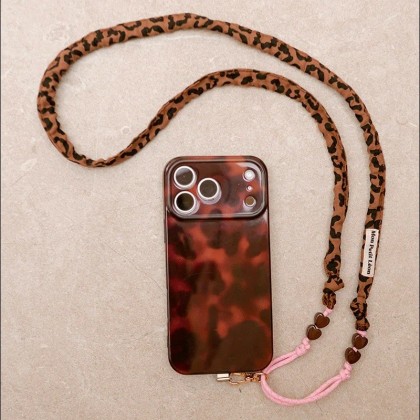 Sangle de téléphone - Léopard marron cordon rose