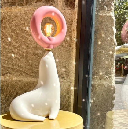 Petite lampe Pénélope - Base blanche et donut rose