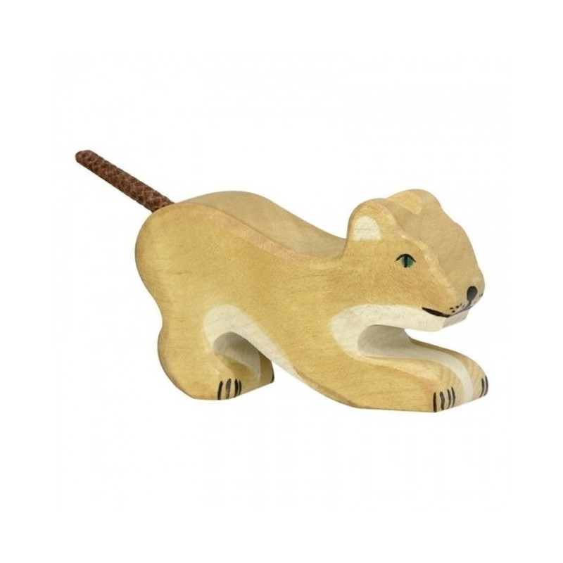 Figurine en bois petit lion jouant-Holztiger